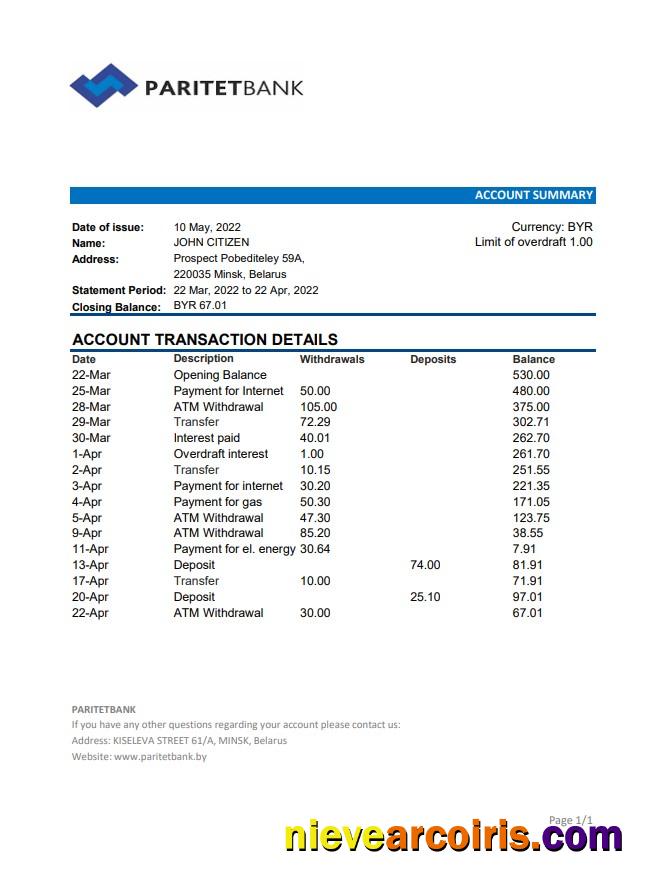 Belarus Paritet Bank statement xls
